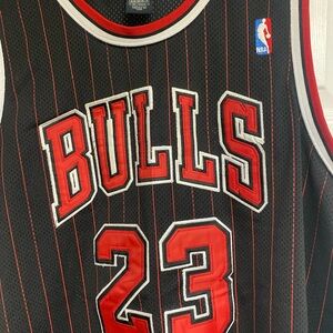 Nike Chicago Bulls Black and Red Pinstripes Michael Jordan Jersey